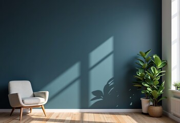 Modern Interior Retreat: Dark Blue Wall Accented by Wooden Floor, Comfortable Armchair, and Refreshing Potted Plants - Create your personal oasis of calm.


