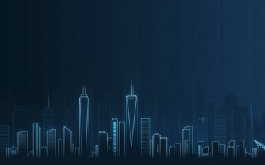 Naklejka premium City Skyline in Neon: A futuristic cityscape glows with neon outlines, showcasing skyscrapers and architectural marvels against a dark, atmospheric backdrop.