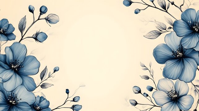 Elegant Blue Floral Border Hand Drawing for Invitations and Brochures with Ample Copy Space