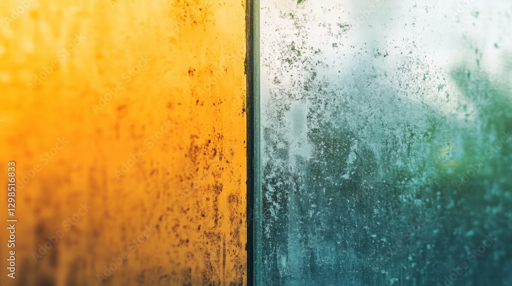 Aufkleber Raindrops on glass create a colorful contrast with vibrant hues on one side and a muted palette on the other at sunrise. Generative AI