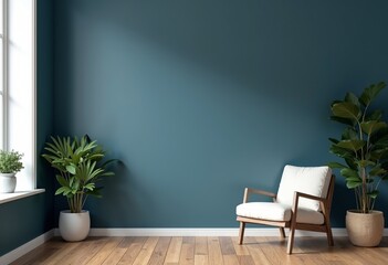 Sophisticated Serenity: Modern Interior with Dark Blue Wall, Wooden Floor, Armchair, and Lush Potted Plants - A harmonious blend of comfort and style.

