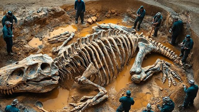 Dinosaur Discovery: A team of archeologists meticulously unearths a complete dinosaur skeleton fossil in a scientific dig site, revealing ancient history.