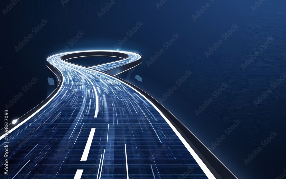 Poster road to innovation: the image of a road twisting and turning against a dark backdrop represents the 