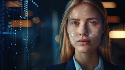 Obraz premium Businesswoman Engages in Digital Biometric Scanning With Face Detection and Cybersecurity in a Futuristic Environment Focused on Data Protection