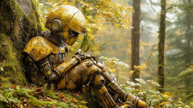 Lonely robot resting against mossy tree in autumn forest with soft light