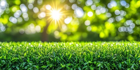 Obraz premium Lush Green Grass, Bokeh, And Sunlight, Creating A Serene Environmental And Nature Background.