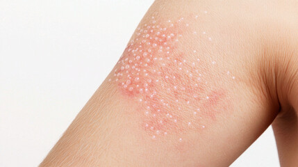 Fototapeta premium Medical photograph of person inner elbow showing skin condition with red patches and small blisters. image highlights dermatological issues and skin health concerns