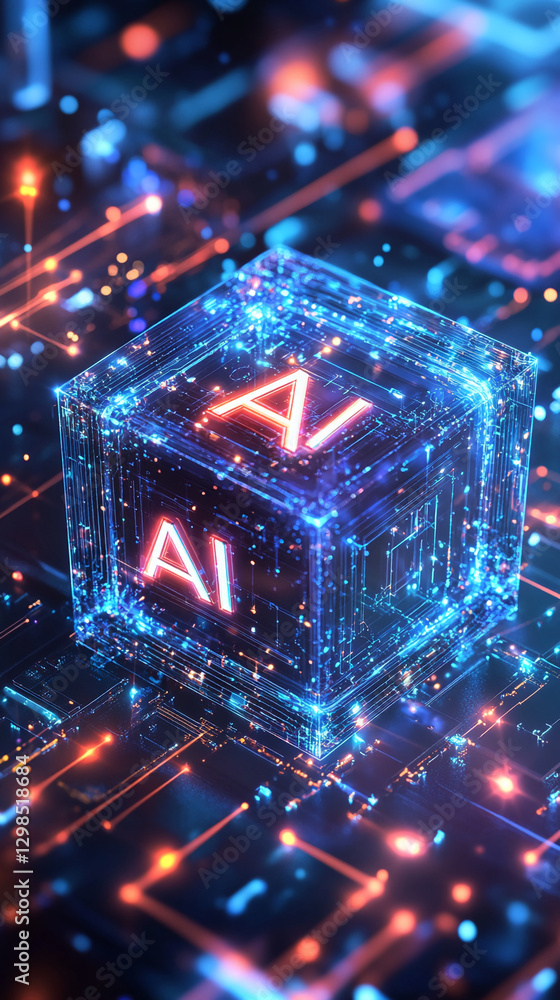 Poster Digital 3D rendering of a glowing cube with 