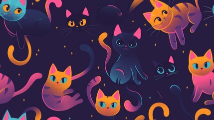 Fototapeta premium Colorful Kitten Pattern Design Featuring Various Cute Cats in Vibrant Colors Against a Dark Background