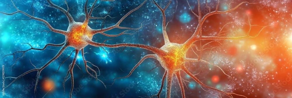 Poster glowing neural network abstract concept of synapses and neurotransmitters in the brain