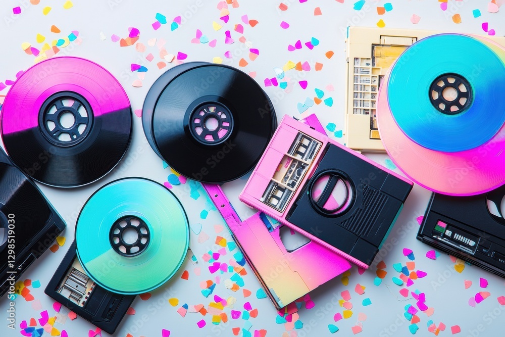 Poster colorful vinyl records and cassettes scattered on a festive surface with confetti in a vibrant setti