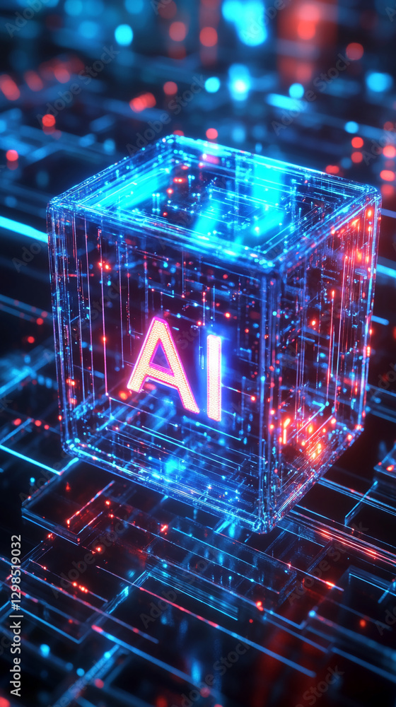 Aufkleber Futuristic 3D rendering of a transparent AI cube with glowing circuits and the letters 