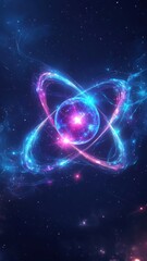 Obraz premium Glowing 3D atom model with orbiting electrons in neon blue and purple hues. Generative AI