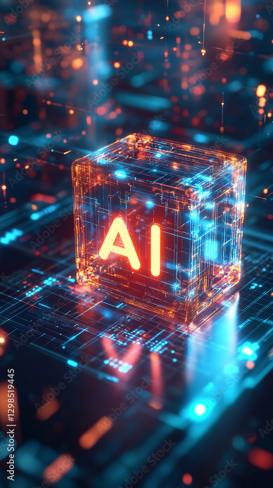 Fototapete 3D rendering of an AI block glowing in a futuristic digital environment, showcasing the concept of artificial intelligence and advanced technology with neon lights and circuit patterns.