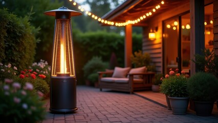 Obraz premium Outdoor patio heater, Backyard evening with a warm patio heater among greenery flowers and twinkling lights.