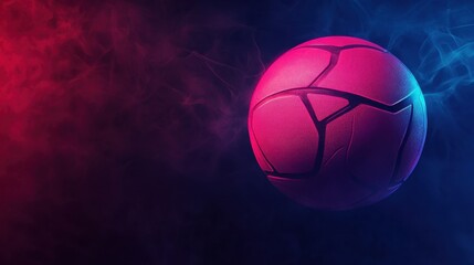 Fototapeta premium A vibrant pink and blue soccer ball floats against a dark, smoky background, capturing the essence of sports and energy.