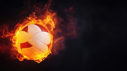 Naklejka premium A fiery volleyball appears to be in motion against a dark background, capturing dynamic energy and excitement.