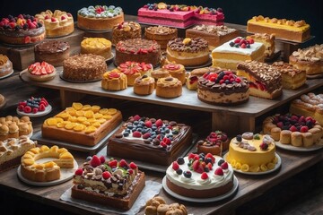 Showcase with pastries filled with a variety of delicious baked goods decorated with cream