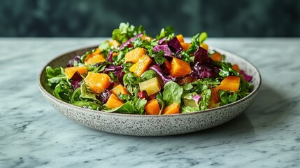 Roasted butternut squash salad, marble table, dark background, healthy food photography