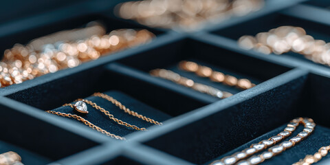 Fashion trendy jewelry inside security safe box. Jewelry items sorted in compartments. Stylish jewelry box 