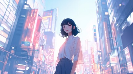 Anime-style illustration of a stylish woman standing in a bustling modern city, surrounded by towering skyscrapers, neon signs, and lively streets.