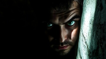 A close-up of a man's face with intense green eyes, partially illuminated by light against a dark background. Concept Close-up Portrait, Intense Green Eyes, Dramatic Lighting, Dark Background