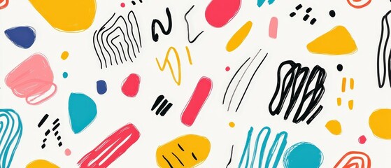 Colorful Line Doodle Seamless Pattern Featuring Playful Shapes and Scribbles Perfect for Children's Designs