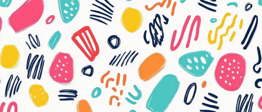 Colorful Line Doodle Seamless Pattern Featuring Basic Shapes for Creative and Playful Design