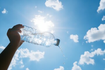 Hand Holding and Pouring Water Bottle Under Blue Sky