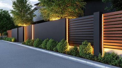 Modern dark grey painted perimeter fence with wooden accents, illuminated by warm lights, creates stylish and secure boundary for contemporary property