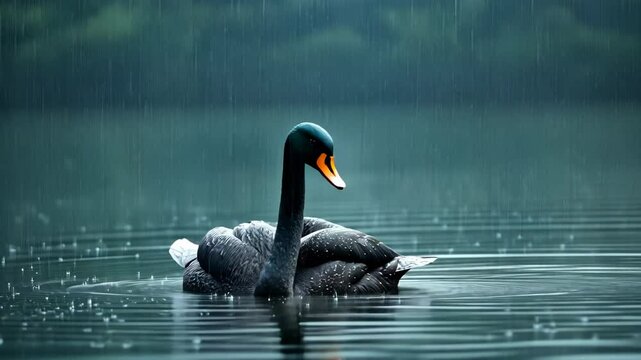 Black swan gracefully swims on a serene lake during heavy rain in a tranquil atmosphere, Black swan swims on the lake in heavy rain Cygnus atratus
