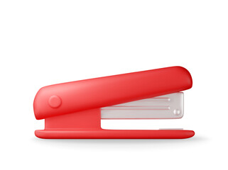 3D Red plastic stapler isolated on white. Render stapler tool icon. Device for fastening sheets. Office and school equipment, stationery or supply. Vector illustration