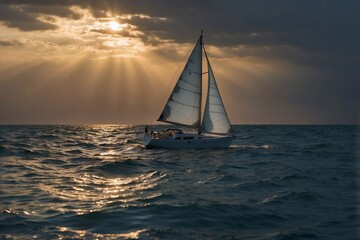 Fototapeta premium Sailboat Drifting in the Calm Sea on a Warm Summer Night, Creating an Atmosphere of Tranquility