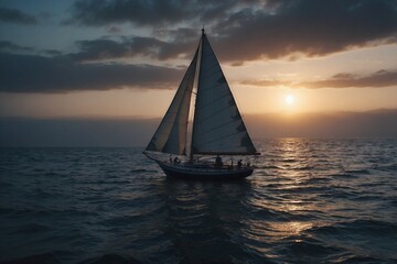 Fototapeta premium Sailboat Drifting in the Calm Sea on a Warm Summer Night, Creating an Atmosphere of Tranquility