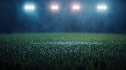 A dimly lit football field under stadium lights, with a focus on the lush green grass and atmospheric haze.
