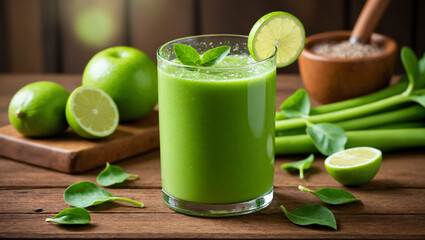 Fresh green smoothie with lime, apple, and spinach on a wooden table