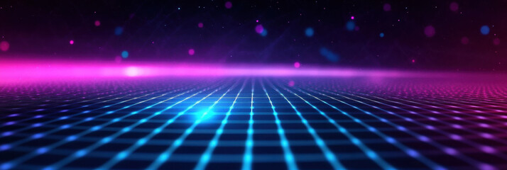 vibrant digital landscape with grid pattern, glowing lights, and cosmic background creates futuristic atmosphere