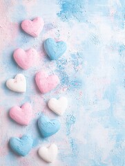 Obraz premium Colorful heart shaped decorations arranged on a pastel background for festive celebrations and events. Generative AI