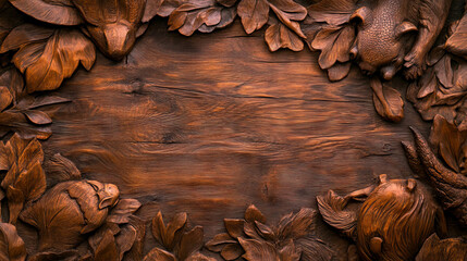 Intricate wooden carving with animal motifs for artistic background design
