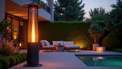 Outdoor patio heater, Modern outdoor patio heater glowing warmly in a luxurious garden setting with vibrant saturated colours and soft lightin
