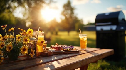 Backyard barbecue picnic with drinks and flowers on a wooden table