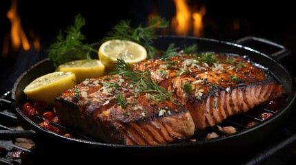 Grilled Salmon Fillets with Lemon, Fire Background