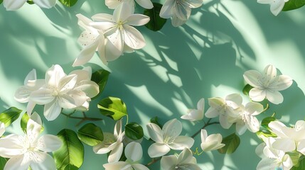 Bright Mint Green Wall Adorned With Delicate Flower Shadows Under Morning Sun, Ideal for Nature-Inspired Cosmetic Promotions