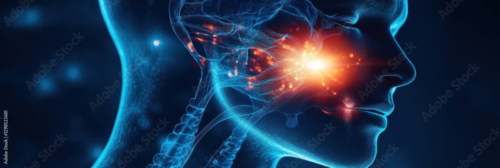 Poster digital representation of a human head showcasing neural activity and brain function in vibrant colo