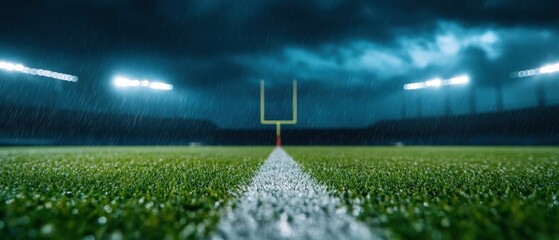 Football Field in the Rain at Night