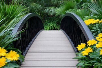 Obraz premium A footbridge in a botanical garden, surrounded by exotic flowers and trees
