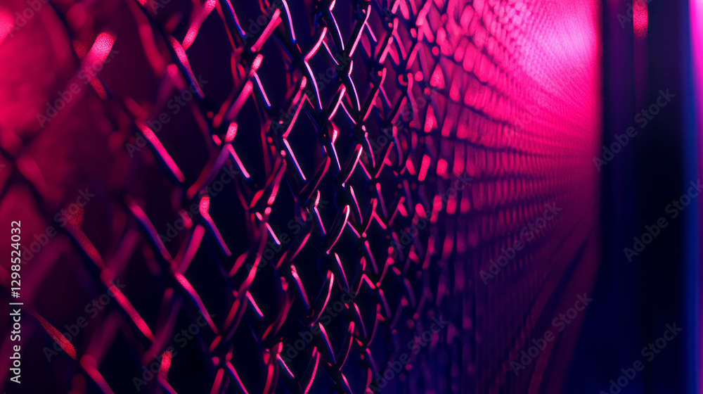 Poster neon chain link fence texture with vibrant lighting for design concepts