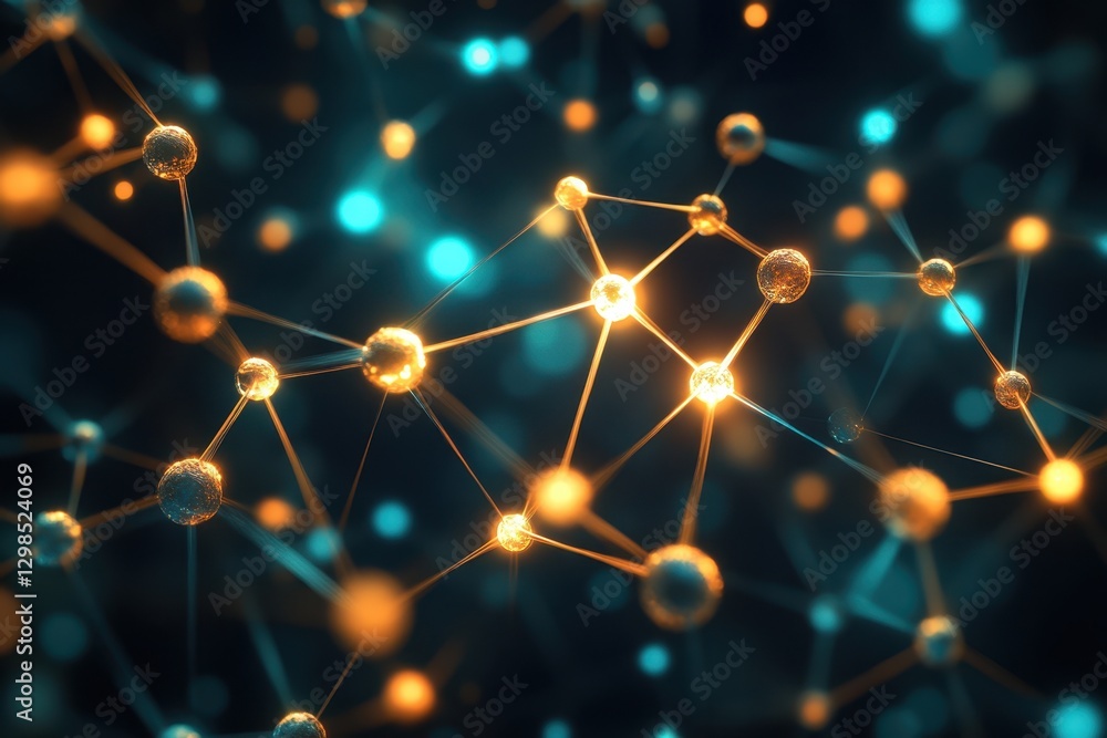 Poster bright spheres connected by lines in a dark background depicting a molecular structure