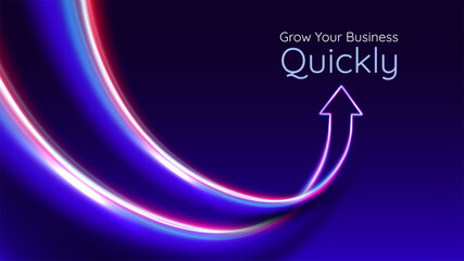 Business arrow up. Red blue glowing arrow with lights trails. Futuristic 3D style. Personal growth, quick result. Innovation technology and finance.