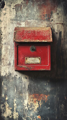 Close-up of an old, red rusty mailbox mounted on a faded wall with peeling paint, showcasing age and decay, symbolizing neglect and vintage charm.